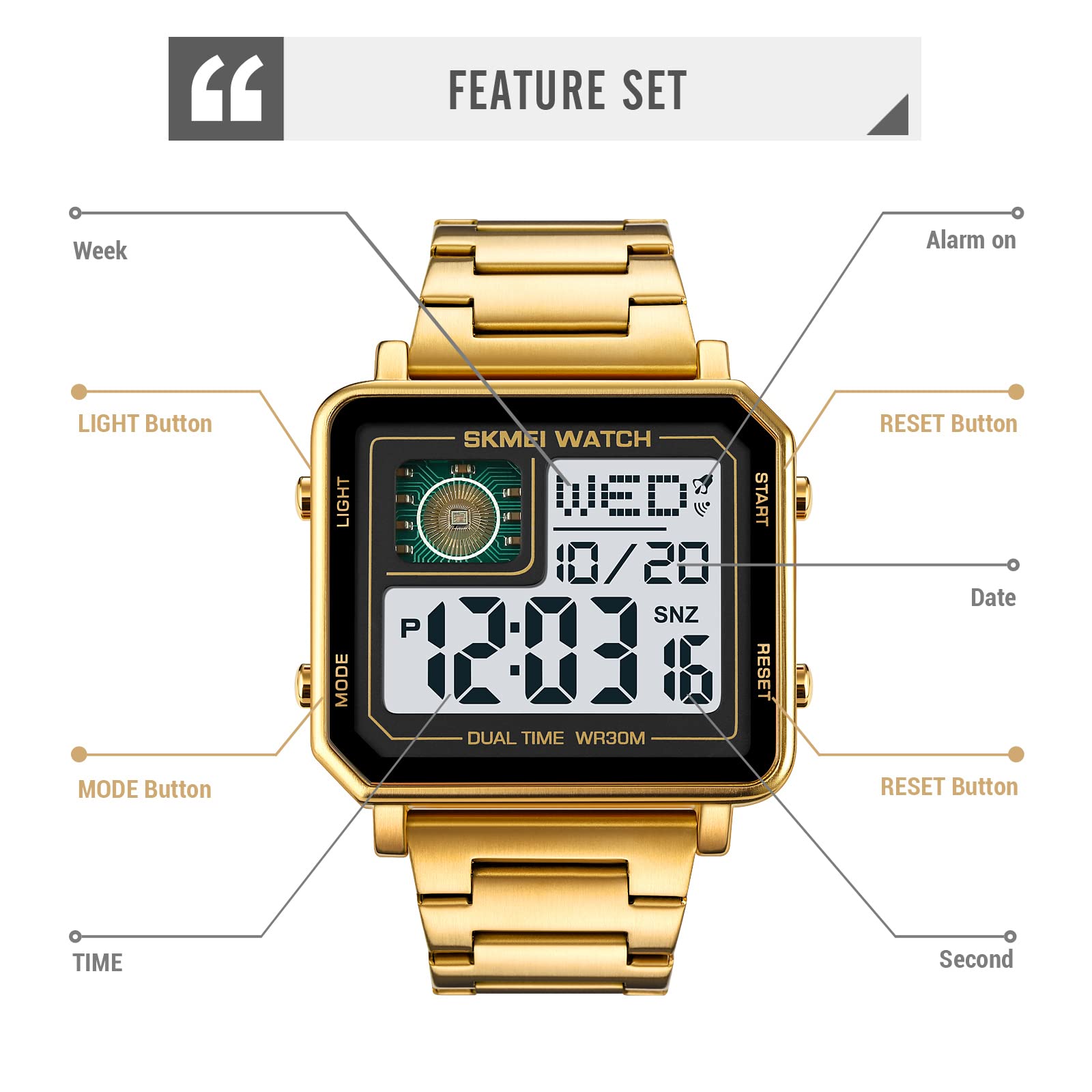 Skmei Men's Gold Leather Strap Digital Sports Watch with Alarm
